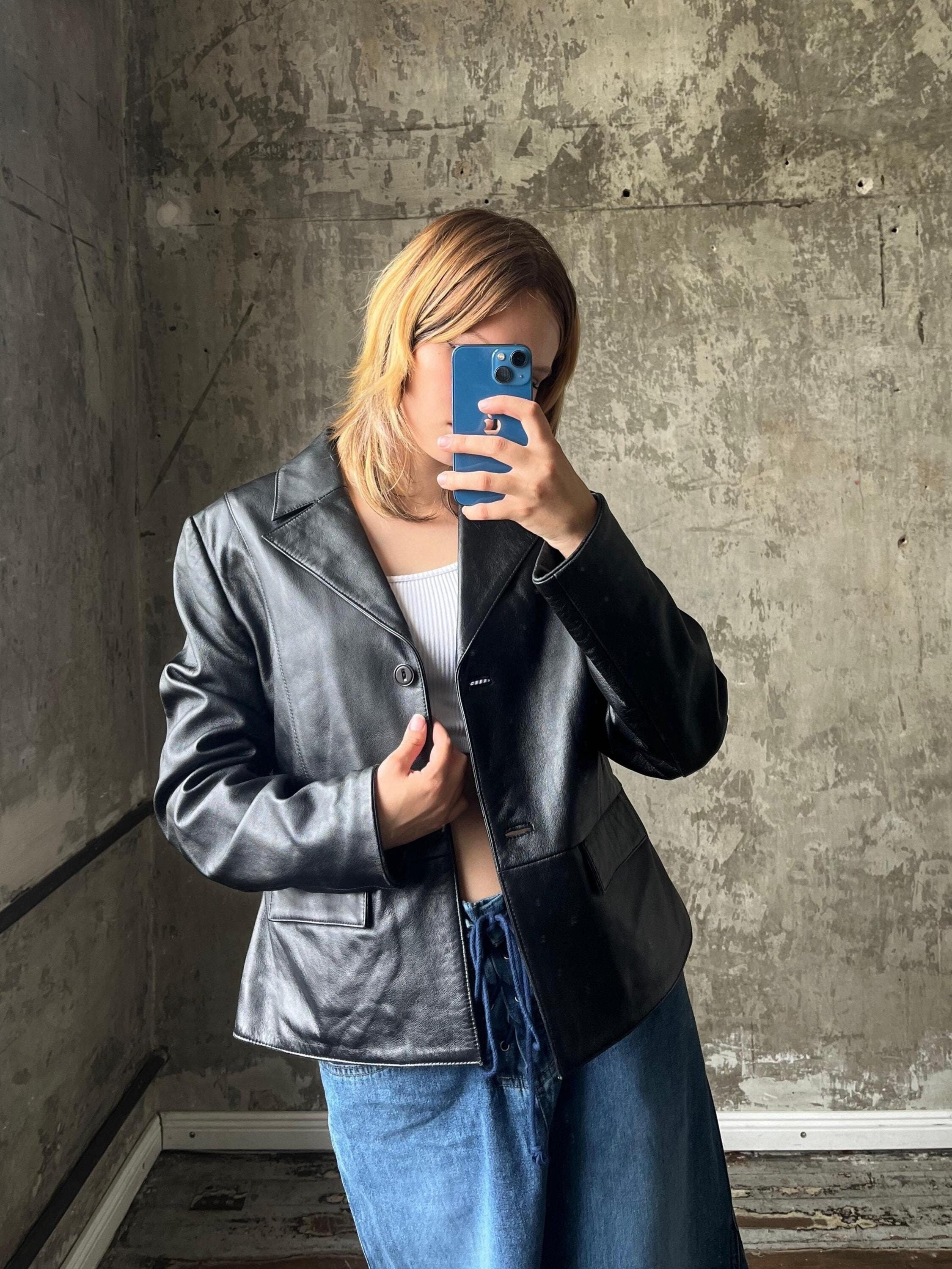 Vintage Short Leather Blazer in Black - Etsy Vintage Short Leather Blazer in Black - Etsy