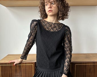 Vintage 80s women's black lace blouse with sheer sleeves