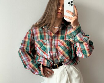 Vintage long sleeve shirt, checked cotton women blouse