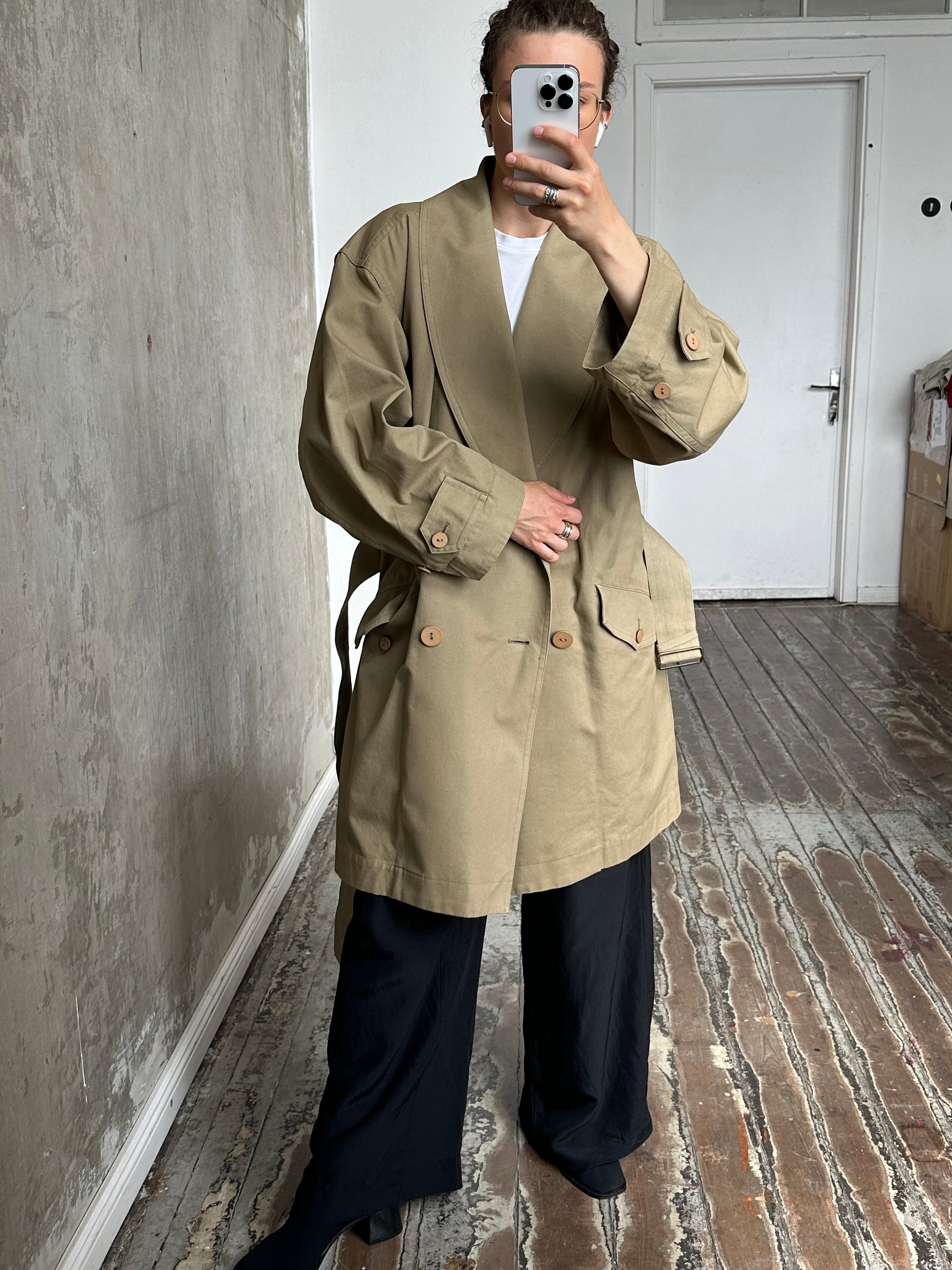 Archive 80s Issey Miyake Plantation Trench Coat in Green Archive 80s Issey Miyake Plantation Trench Coat in Green