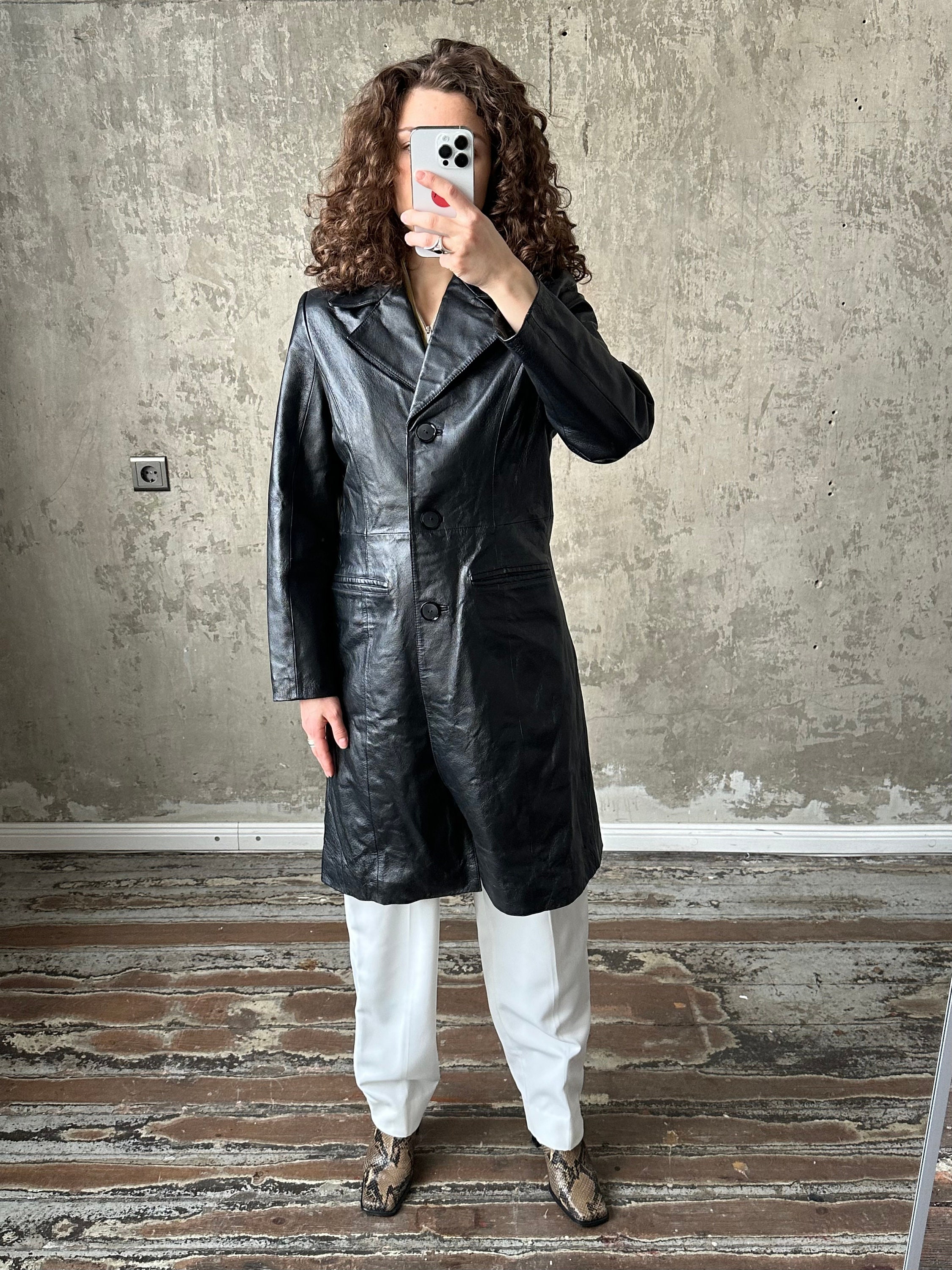 Vintage 90s Leather Coat in Black - Etsy