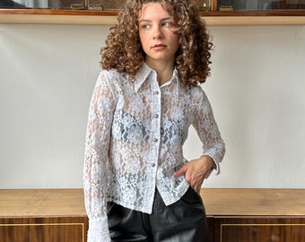 Vintage lace blouse in white, sheer blouse