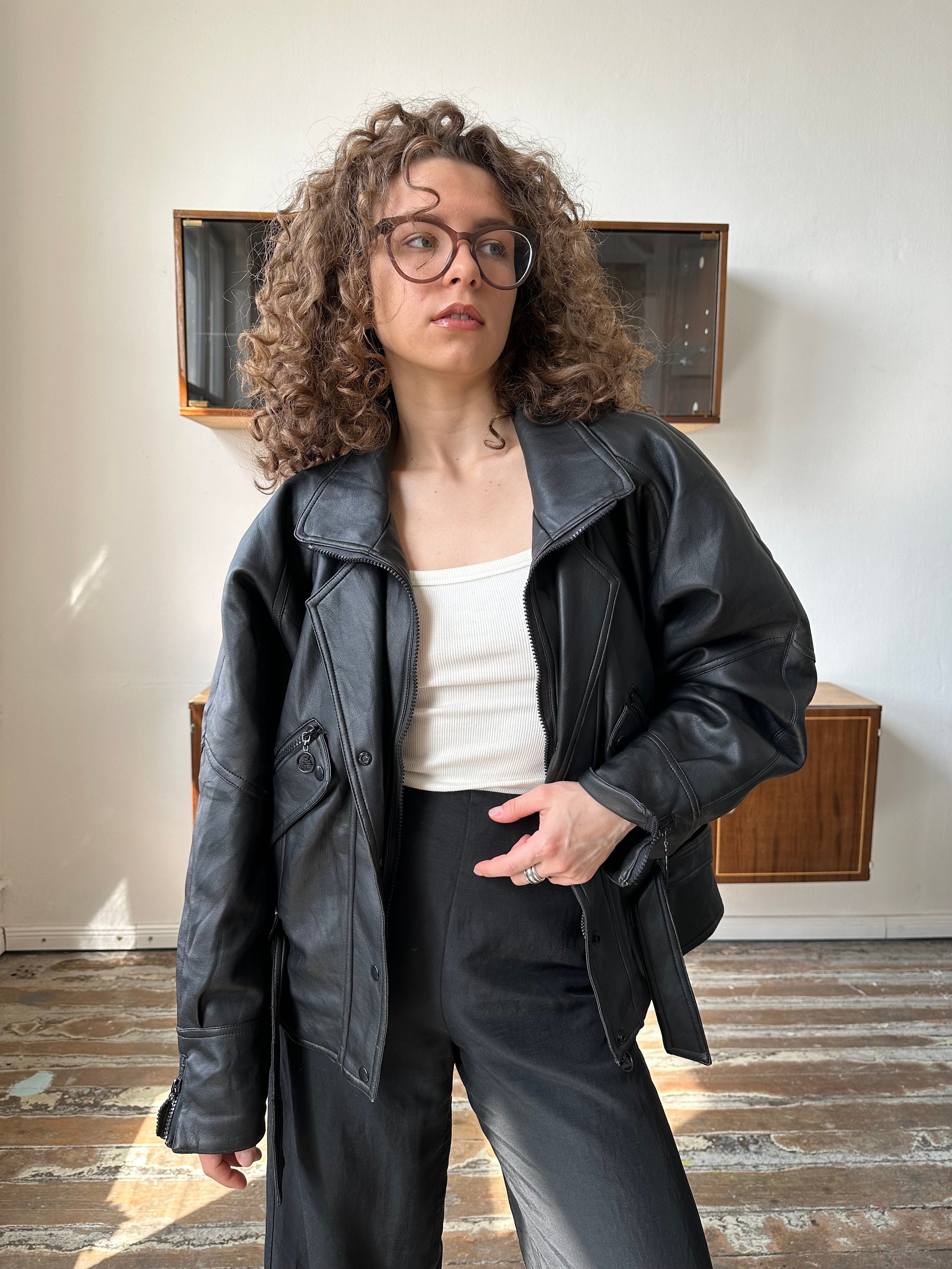Vintage 90s Faux Leather Bomber Jacket in Black - Etsy