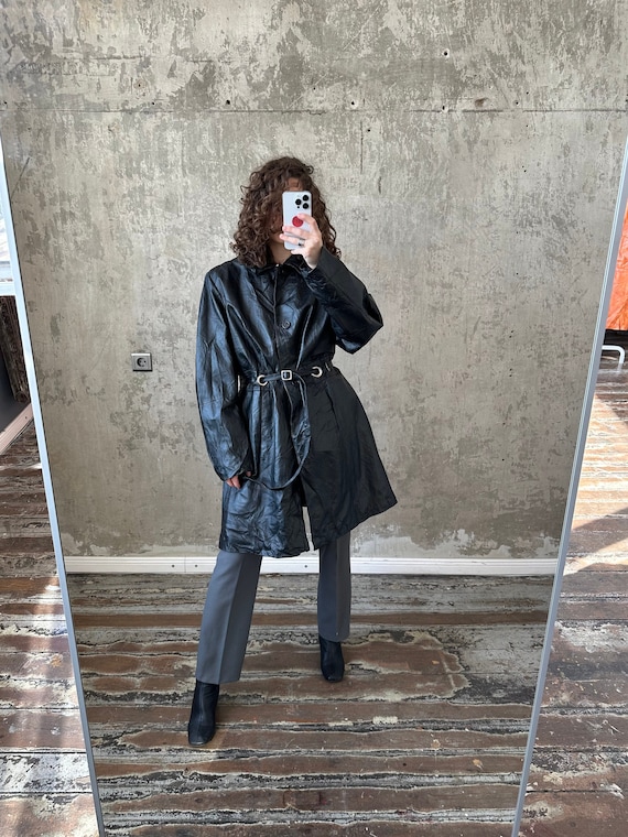 Vintage 90s leather belted coat in black, midi ov… - image 1