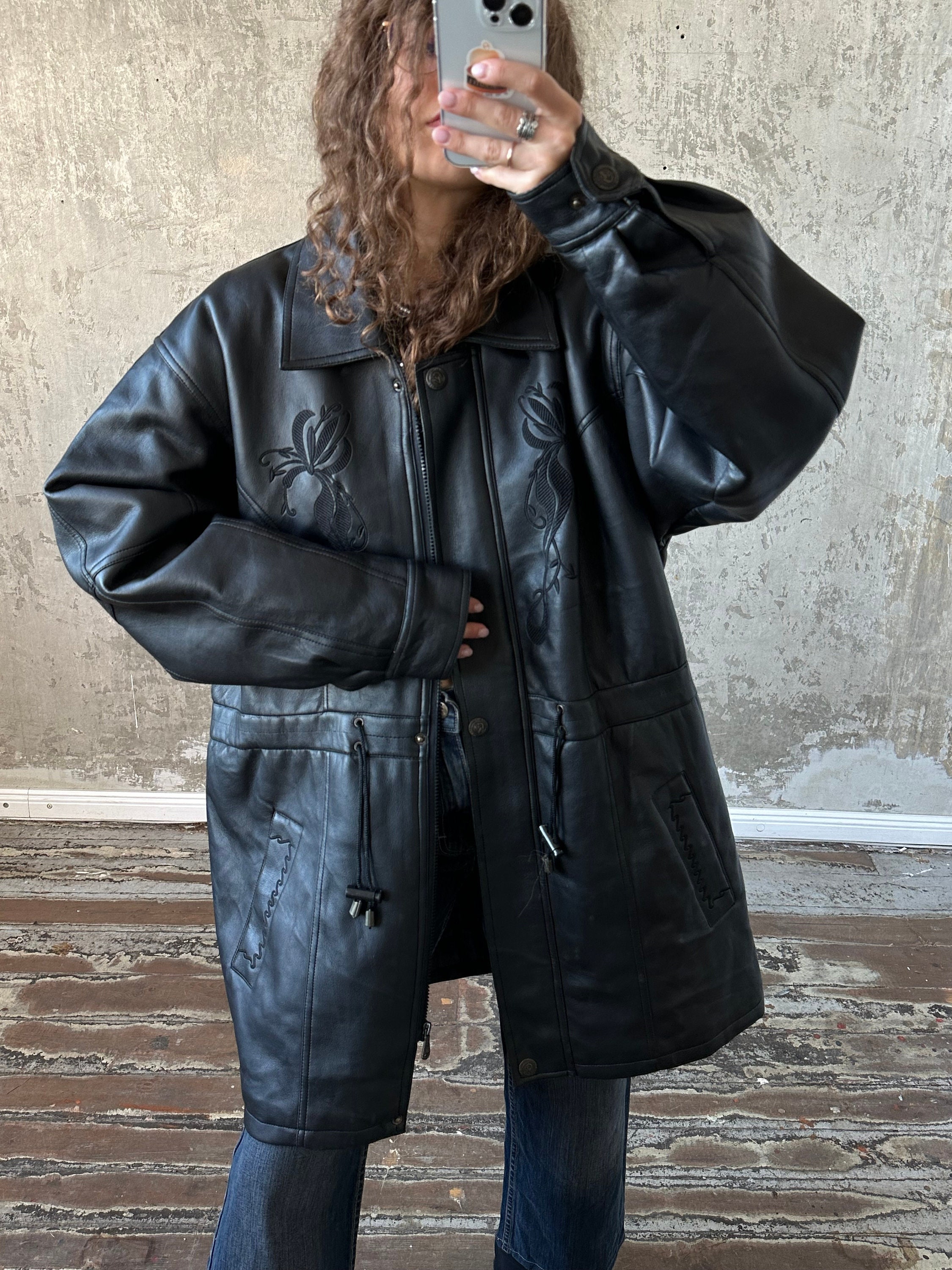 Vintage 90s Faux Leather Coat in Black With Embroidery - Etsy