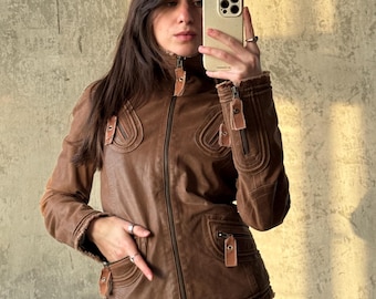 Vintage 90s Slim-Fitted Leather Jacket In Brown