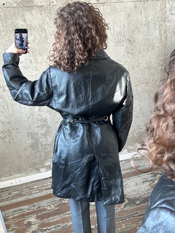 Vintage 90s leather belted coat in black, midi ov… - image 3