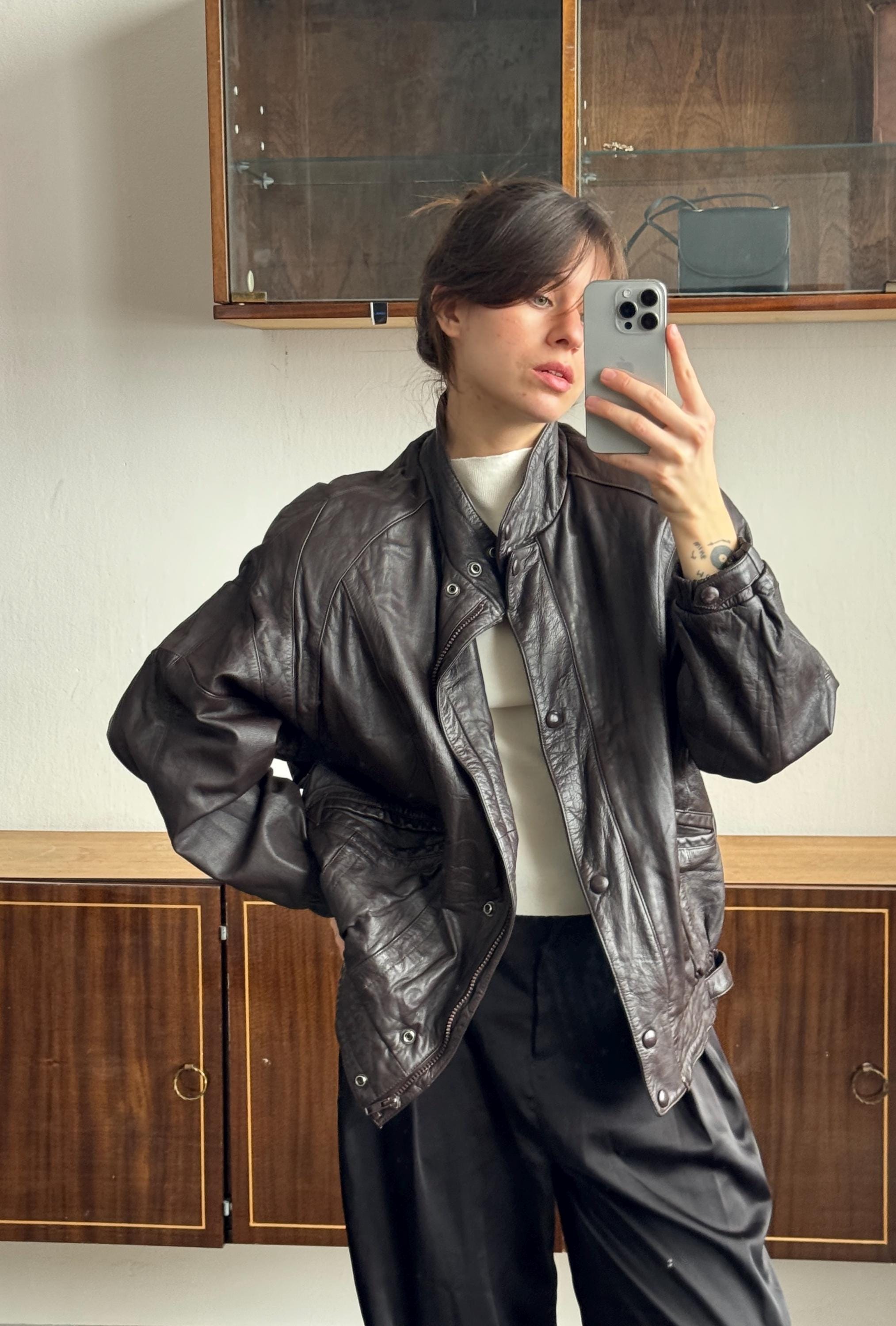 Blouson En Cuir Vintage Années 90/2000 - Marron Foncé/noir - Taille M - Occasion Très Bon état