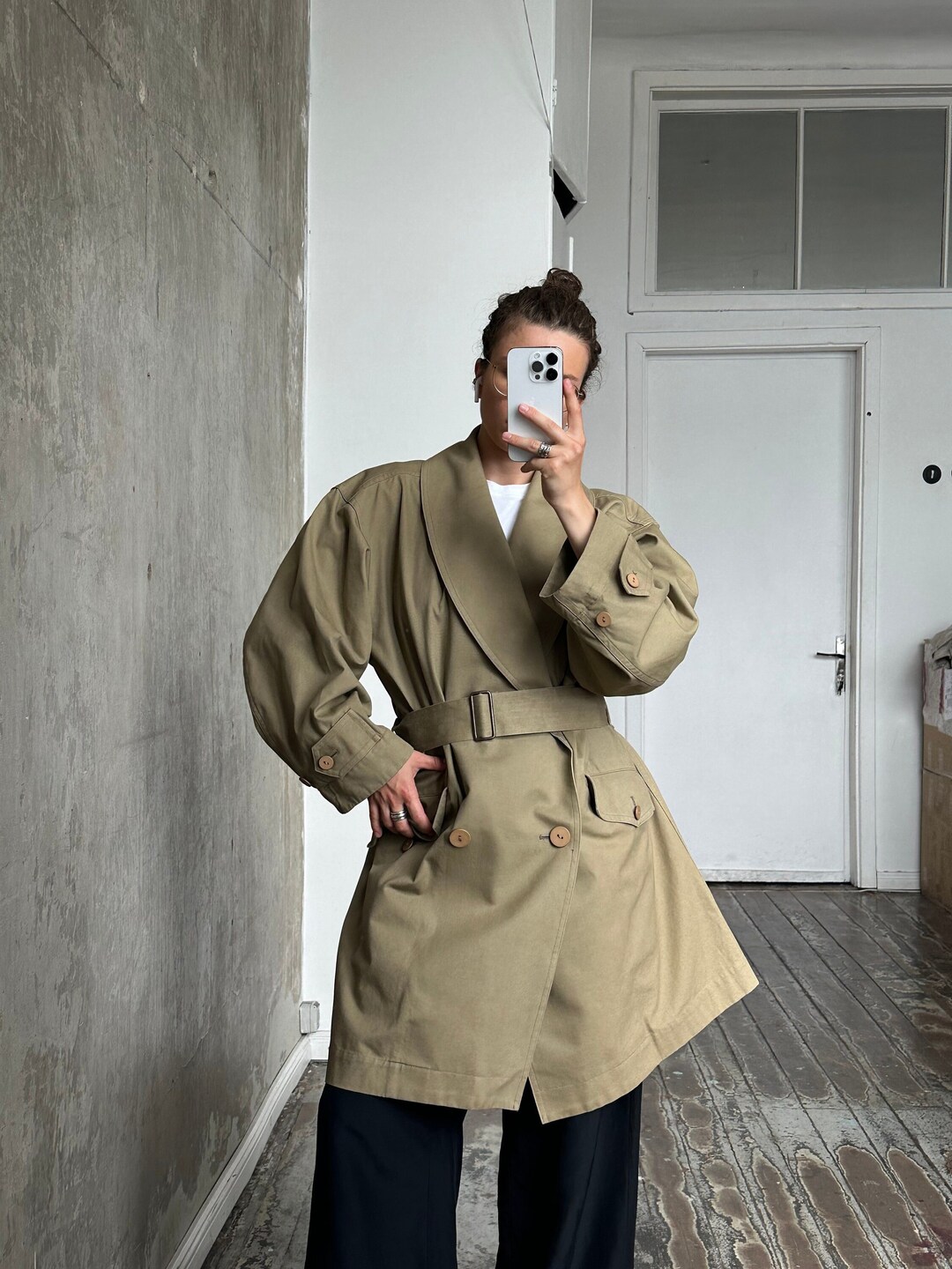 Archive 80s Issey Miyake Plantation Trench Coat in Green Archive 80s Issey Miyake Plantation Trench Coat in Green