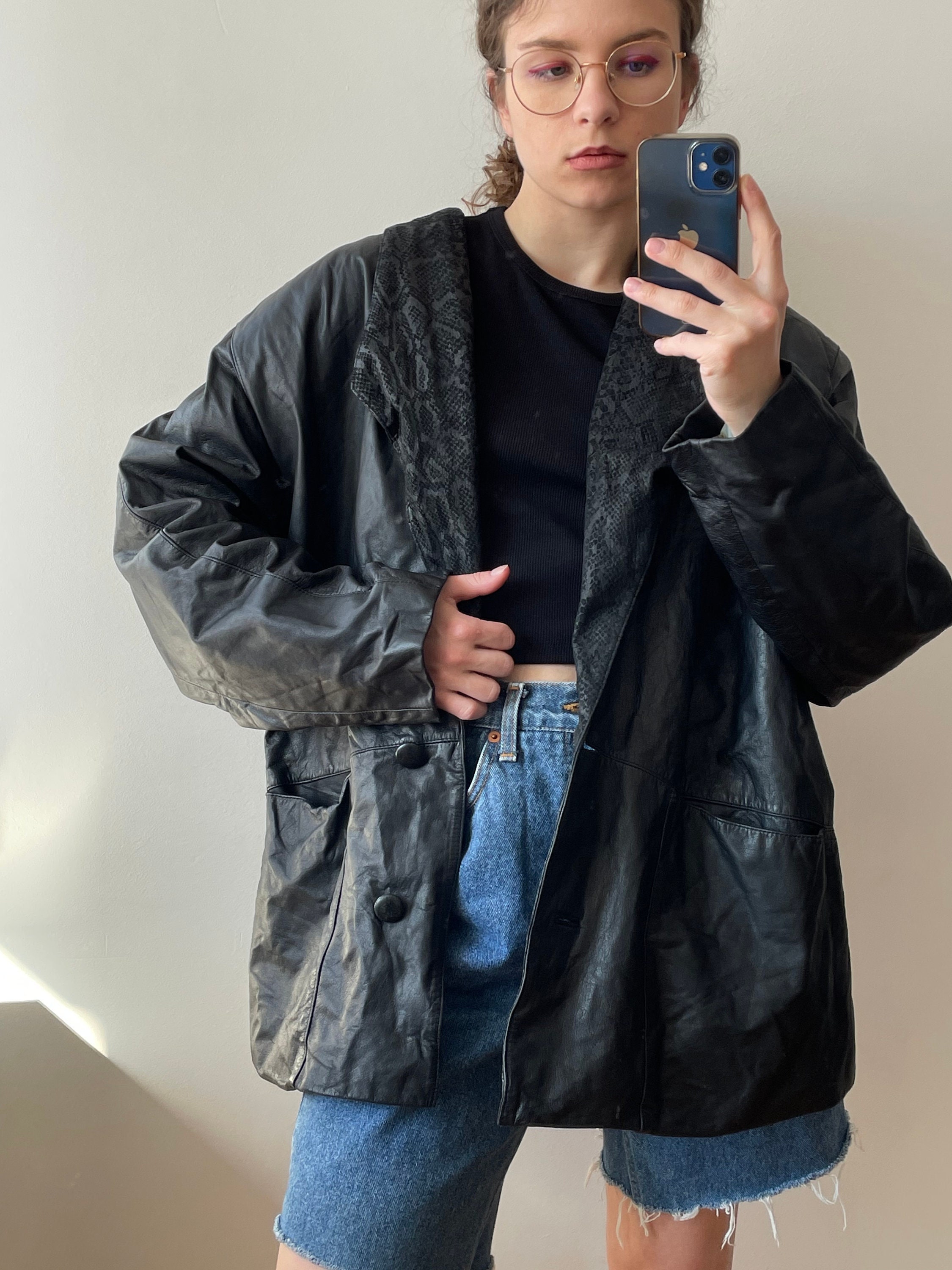 Vintage 80s Leather Shawl Collar Jacket, Oversized Leather