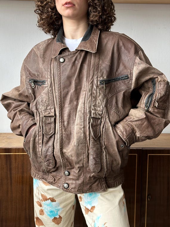 Vintage 90s Boxy Distressed Leather Jacket in Brown New Zealand