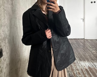 Vintage Y2K Leather Coat in Black Matrix Style 2000s Real Leather