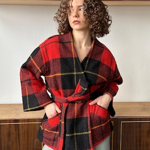 Vintage checked wool coat in red, short wool overcoat