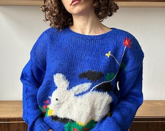 Vintage mohair cardigan in blue, 80s fuzzy sweater with rabbit