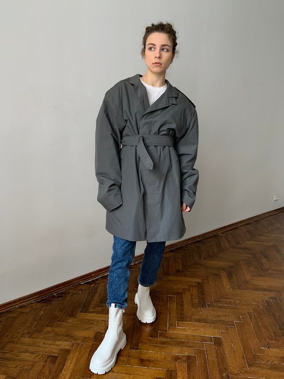 80s oversize trench 80s gray rain coat with shoulder pads 80s double breasted trench
