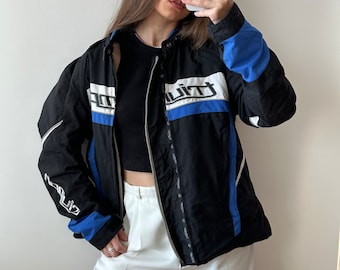 Vintage y2k motorcycle jacket, racing jacket in blue and black