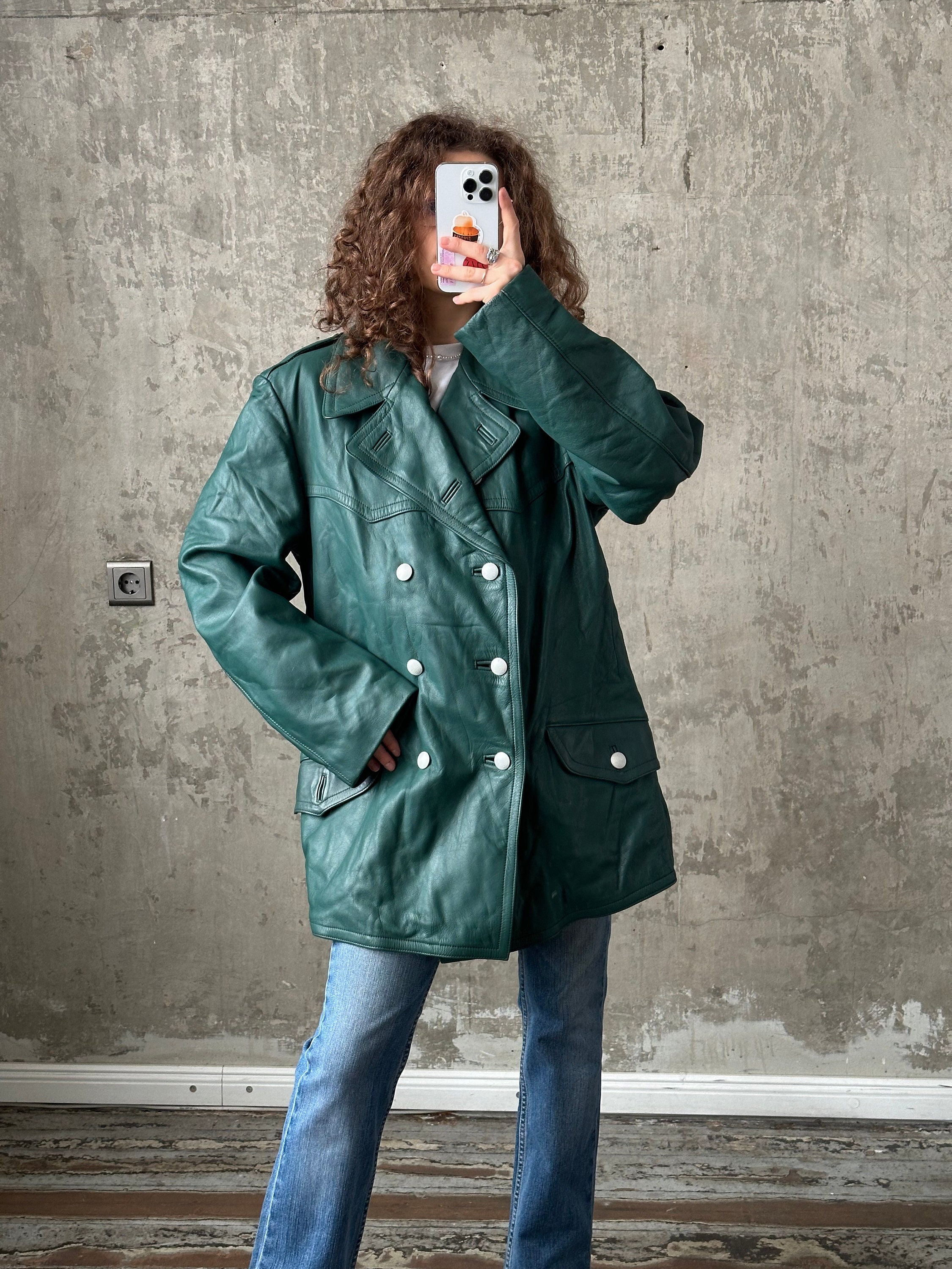 Vintage Green Leather Jacket, Short Leather Coat - Etsy