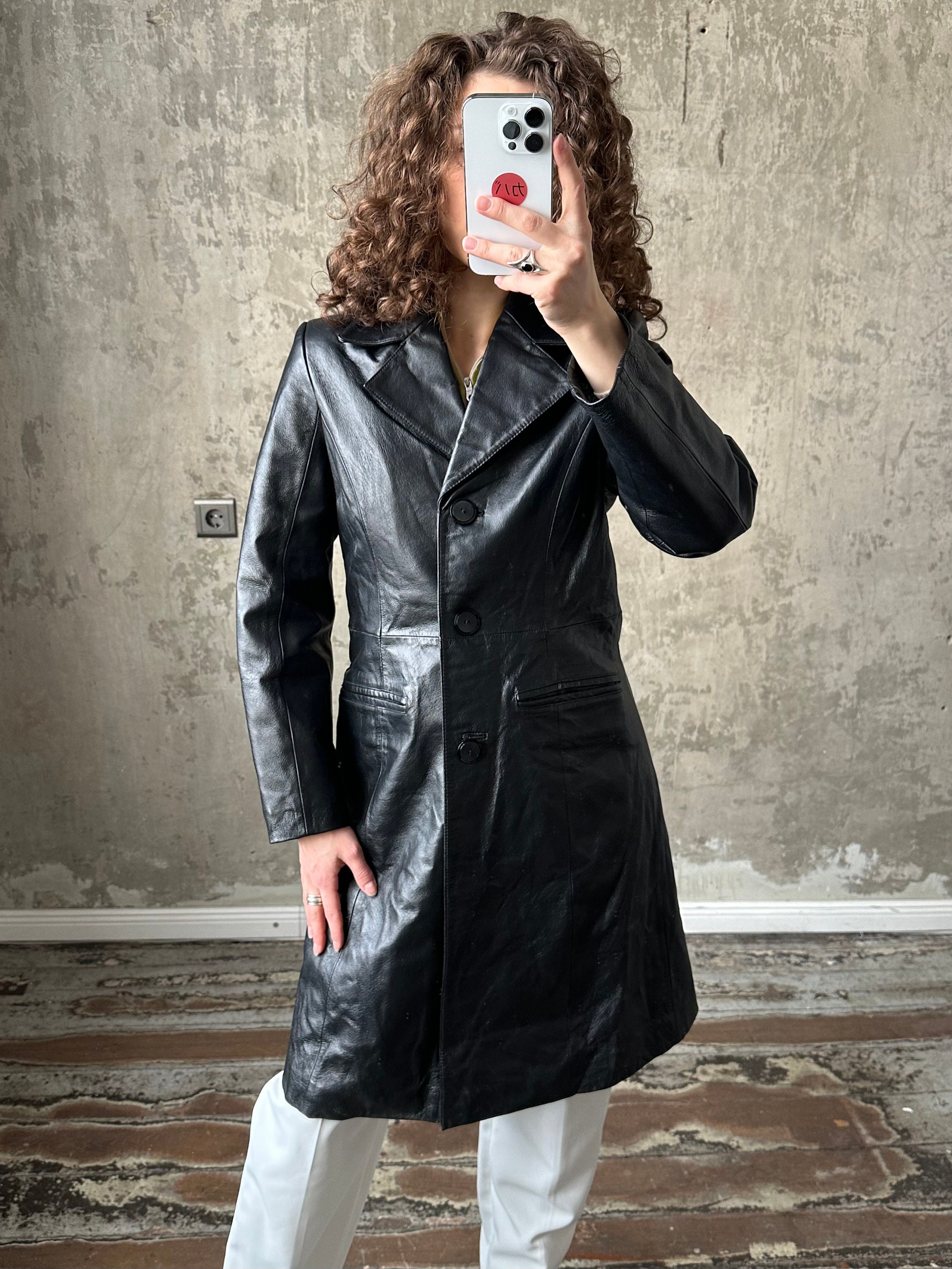 Vintage 90s Leather Coat in Black - Etsy