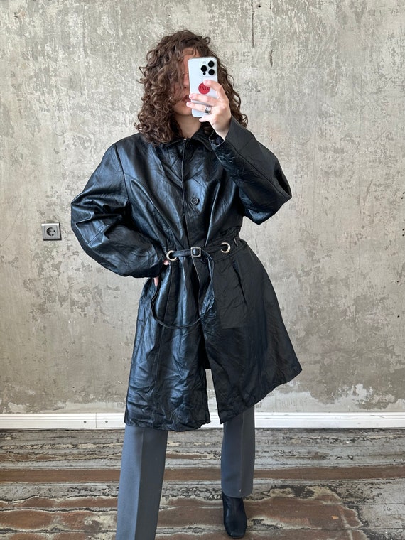 Vintage 90s leather belted coat in black, midi ov… - image 2