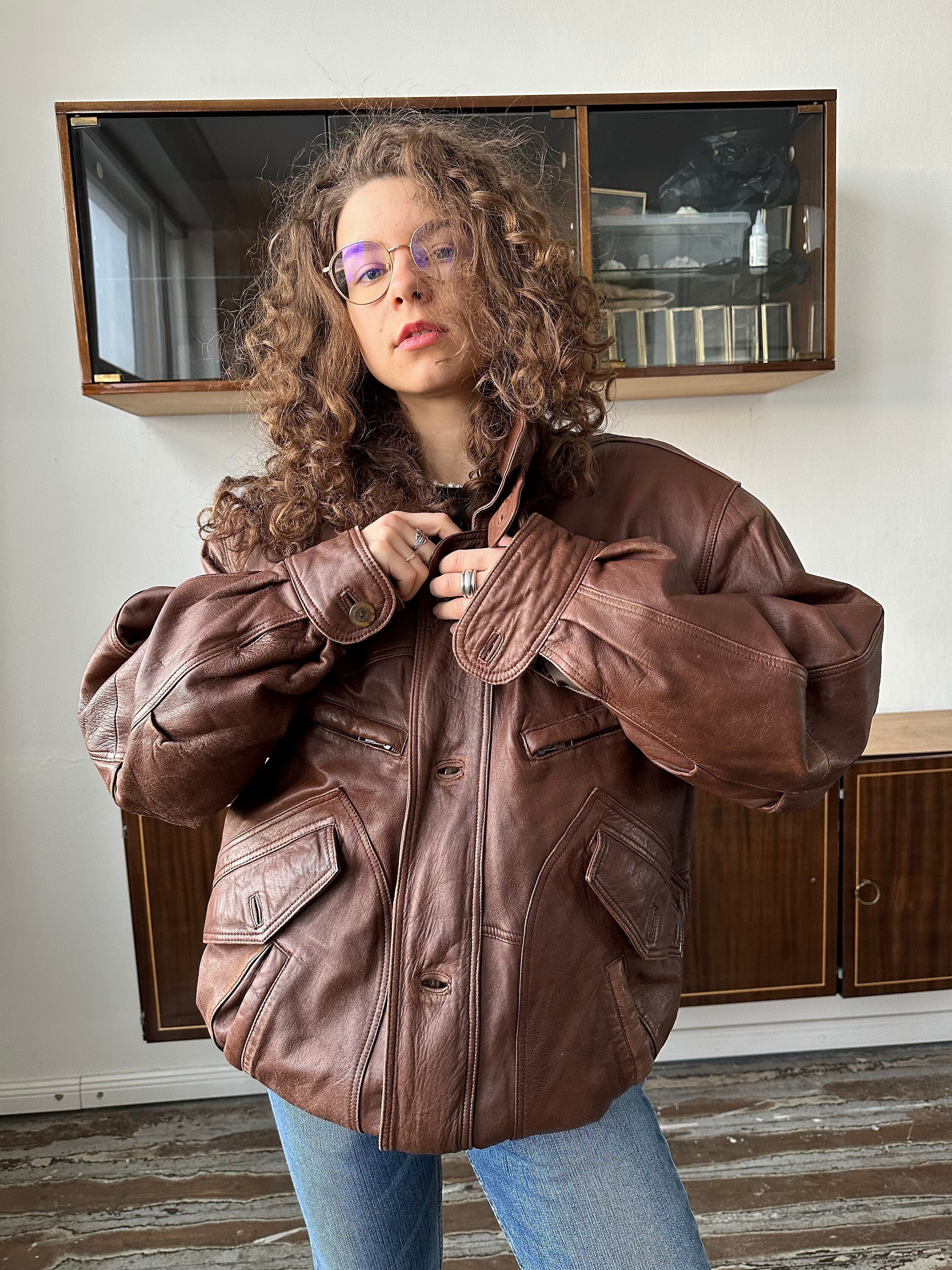 Brown Leather Jacket Bomber Oversize Vintage Vintage 90s
