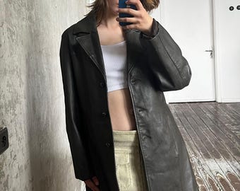 Vintage 90s leather coat in dark khaki green