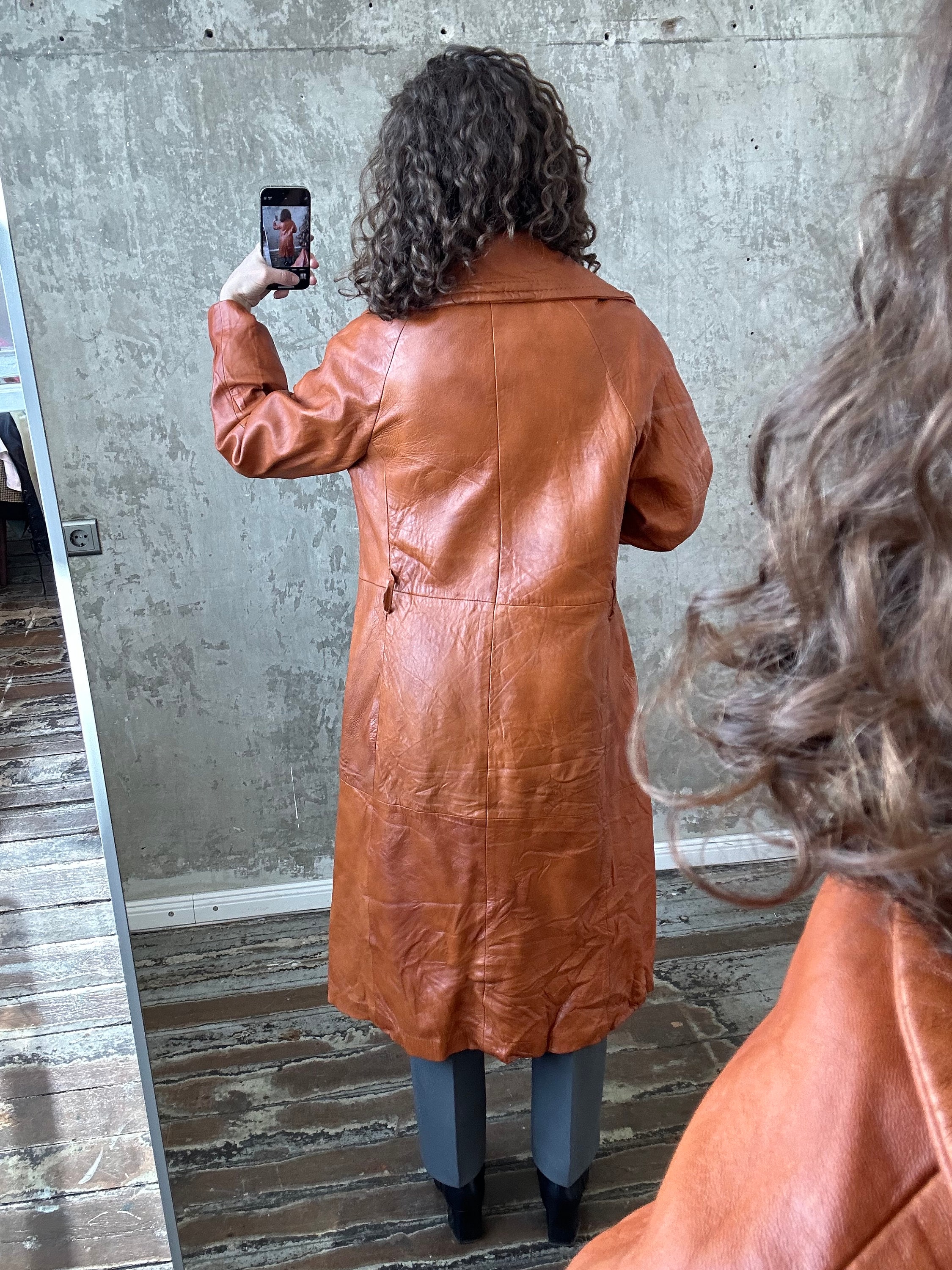 〔Italy Vintage〕90s Opencolor LeatherCoat Womens Leather Coat Green S-M-L Long SOFT Lambskin Vintage