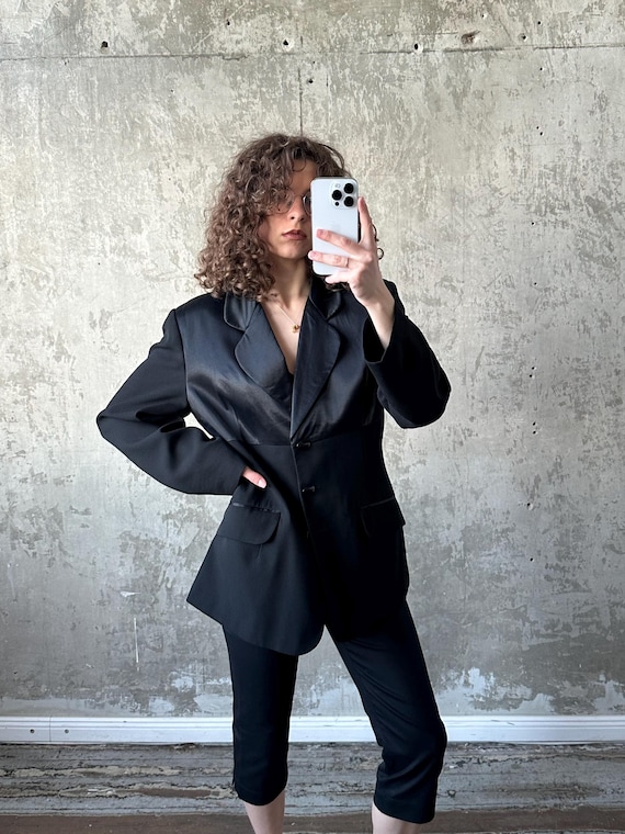 Vintage Oversized Blazer in Black With Contrast Fabric Design