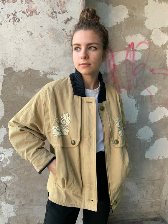 Vintage jacket, Oversized jacket, Beige Bomber Jac