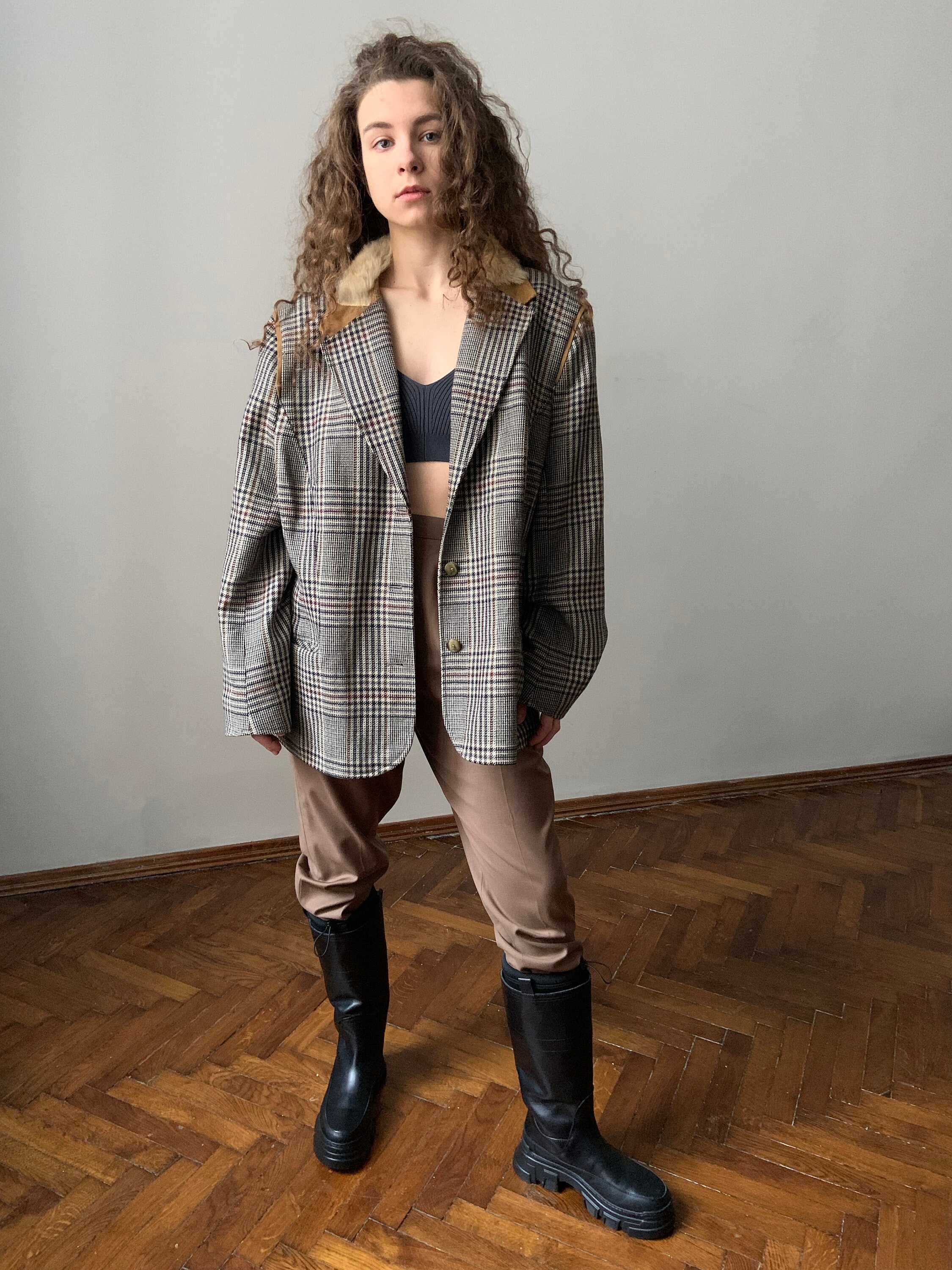 Vintage Wool Blazer Jacket with Fur Collar