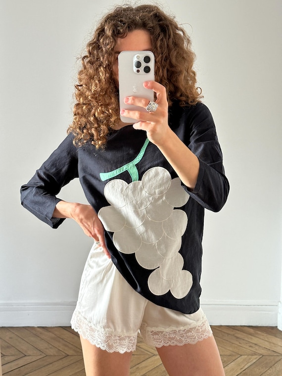 Moschino Cheap and Chic, Vintage Moschino Cheap and Chic Black Grape Applique Top