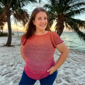 CROCHET PATTERN Easy Flattering Top for Curves || Mimosa Flutter Sleeve Women's Tee pdf (XS-5XL) Bust-friendly Fit with Modifications.