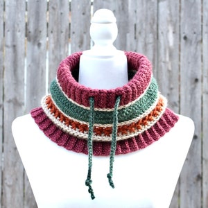 Red and Green Crochet Drawstring Cowl on Mannequin