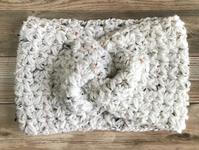 White Tweed Chestnut Crochet Cowl with wrap detail viewed flat