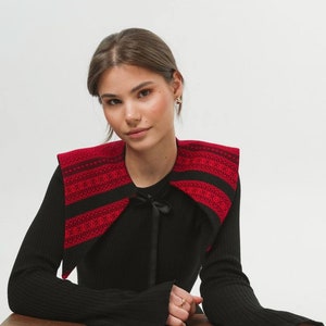 May include: A black long-sleeved sweater with a red and black patterned collar. The collar has a black bow tie.