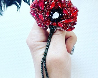 Beaded brooch "Red poppy flower" | Handmade jewelry | Fine jewelry | Beaded embroidery | Made in Ukraine | Flower decoration