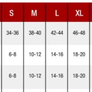 May include: A size chart with a red header and white text. The chart lists sizes XS to 4XL for men's chest measurements, women's sizes, and youth sizes. Measurements are provided in inches.