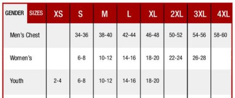 May include: A size chart with a red header and white text. The chart lists sizes XS to 4XL for men's chest measurements, women's sizes, and youth sizes. Measurements are provided in inches.