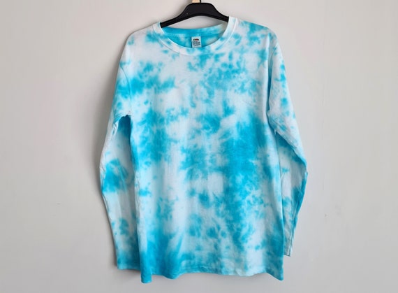 Light Blue and White Crumple Tie Dye Shirt Available in Short and Long Sleeved Tee Vests Sweatshirts Women s T Shirt and Kids designs
