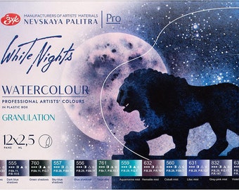 WHITE NIGHTS Artists' Grade Watercolors set 12 Full Pans Granulating Colors, plastic box by Nevskaya Palitra