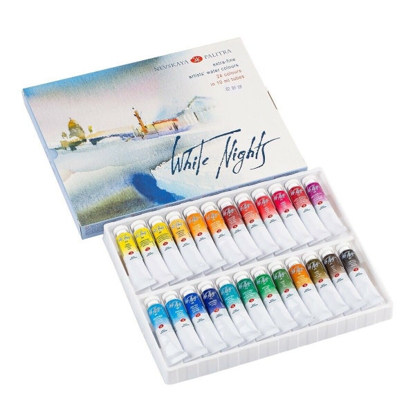 White Nights Watercolour Paint Set | 24 Watercolour Paints in Tubes 10 ml | High Quality Watercolours Made in Russia by Neva Palette