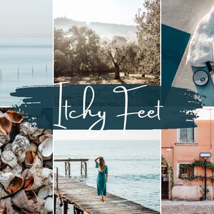 May include: A collage of images featuring a seascape, a wooden pier, a woman walking on the pier, a pile of seashells, a green tree, a building with a red door, and a blue background with the text "Itchy Feet".