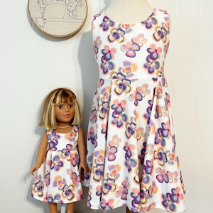 Dolly and me set, size 2T-18/20 American doll girl and doll both twirly dresses, matching girl and 18&quot; doll, party, dress up, flowers