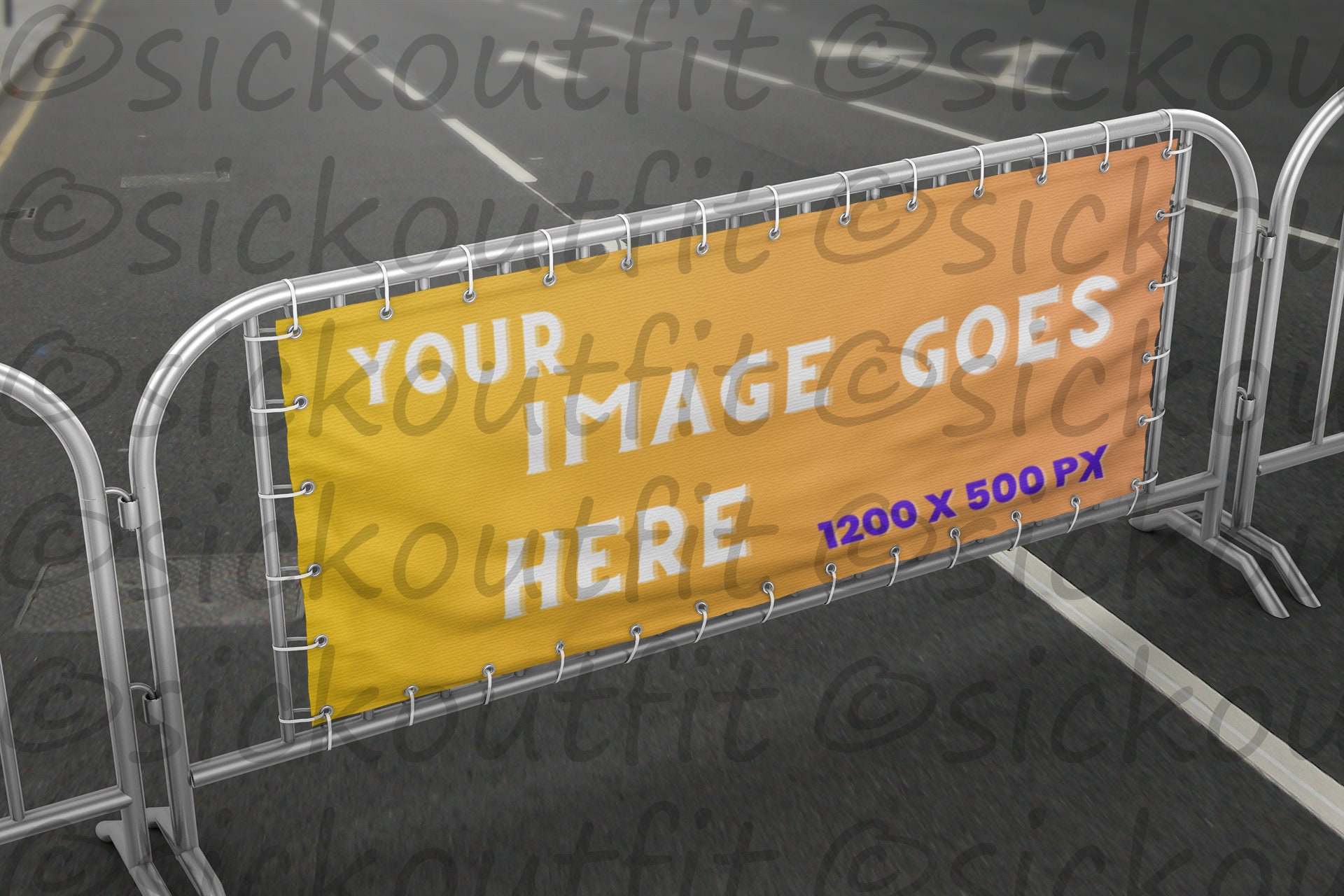 horizontal banner mockup on a metal crowd barrier on a street | banner mockup on barrier | banner mock up | banner mock-up on a barrier