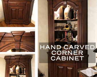 Hand Crafted Distressed Corner Cabinet | Corner Curio Cabinet Cupboard | Hand Carved Detail