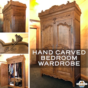Hand Carved Wardrobe Armoire | Custom Distressed Hardwood | Made to order with hand carved detail