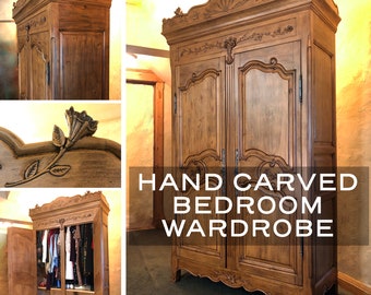 Hand Carved Wardrobe Armoire | Custom Distressed Hardwood | Made to order with hand carved detail