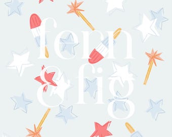 May include: A light blue background with a white text overlay that reads "fern & fig". The background is decorated with a repeating pattern of red and blue stars, orange and yellow sparklers, and red and white popsicles.