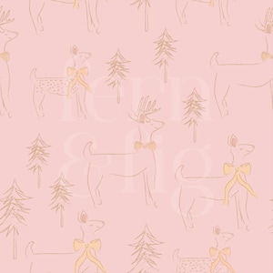 May include: A repeating pattern on a light pink background featuring line-drawn deer wearing bows around their necks and stylized evergreen trees. The illustrations are rendered in a soft tan color, creating a delicate and consistent graphic design.
