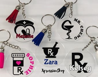Personalized Pharmacist Keychain: Caduceus Charm, RX PharmD, Pharmacy Technicians, Healthcare Professional, Mortar and Pestle Keychain