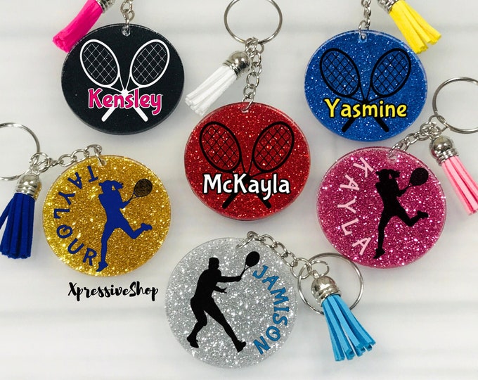 Personalized Tennis Keychain, Tennis Bag Tag, Tennis Team Gift, Tennis Racket Keychain, Tennis Gift, Tennis Player Keyring, Glitter Tennis